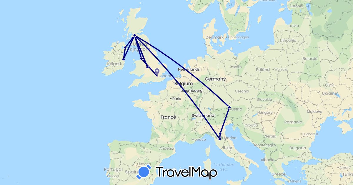 TravelMap itinerary: driving in Austria, United Kingdom, Ireland, Italy (Europe)